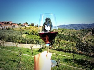 Chianti classico bicchiere di vino con sfondo paesaggio